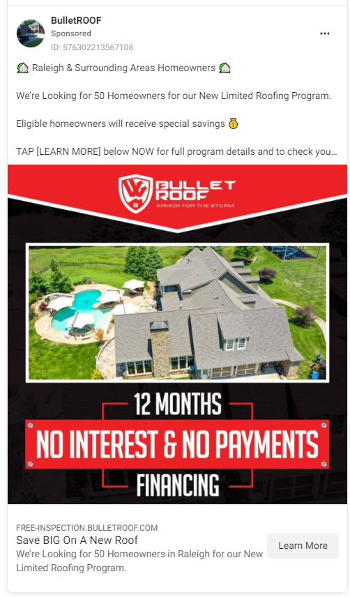 Roofing facebook offer
