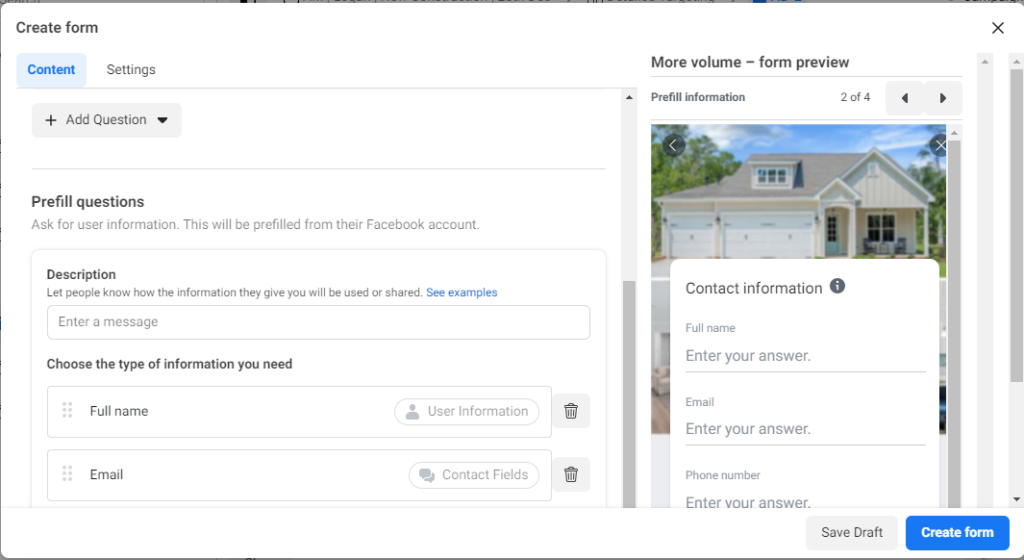 Facebook Lead Ads : Add questions